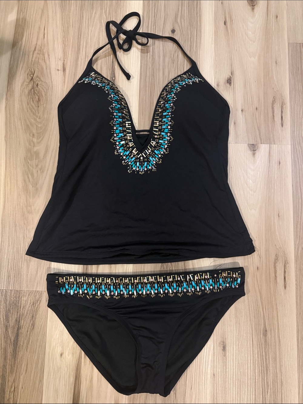 Kenneth Cole New York Black Tankini with Turquoise & Gold Embellishment